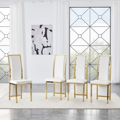 MODFU - Eetkamerstoelen Set Van 4 - Hoge Rugleuning - Goudkleurig Frame - Modern - Eetkamer Of Kantoor - Metaal En Kunstleer - Wit En Goud