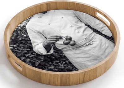 Dienblad rond 40x40 cm - Schootdienblad hout - Tomaten - Chef - Zwart - Wit - Borrelplank rechthoek - Plateau houten dienbladen