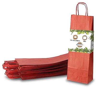 Papieren Flessentas - Composteerbaar en Duurzaam Geschenkverpakking voor Wijn en Likeur - 50 Stuks - 14 + 8 x 40 cm - Rood