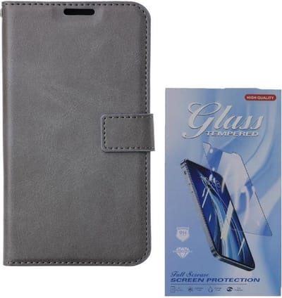 Bookcase Geschikt voor: Samsung Galaxy A32 4G - Grijs - portemonnee hoesje met 1 stuk Glas Screen protector