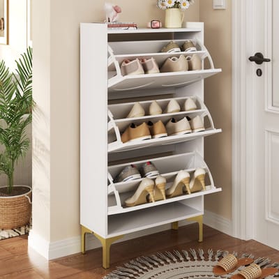 HAUSS SPOLE Schoenenkast – Wit MDF Drie Niveaus Met Dubbele Planken – Gouden Metalen Poten – Verticale Ruimtebesparing – 63x24x120 Cm – 50kg Draagkracht