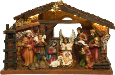 Complete kerststal met figuren en LED verlichting op batterij - 15cm Hoog