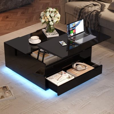 Salontafel - 70x70x38 cm - Lift-Top en LED - 1 Lade en Klepdeuren - MDF - Zwart