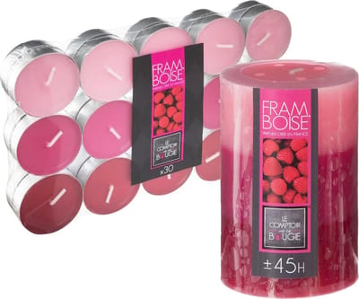 Geurkaarsen set - 1x stompkaars en 30x theelichtjes - Framboos