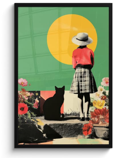 Poster in lijst - Fotolijst 60x90 cm - Posters - Retro - Meisje - Kat - Zon - Posterlijst zwart - Decoratie - Wanddecoratie woonkamer - Muurdecoratie slaapkamer