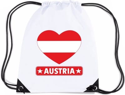 Oostenrijk thema sporttas - nylon rijgkoord rugzak - wit met hartjes vlag print - supporters - 11 liter - 45 x 34 cm