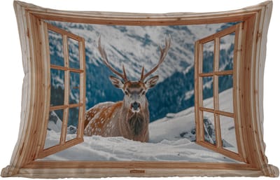 Buitenkussens - Tuin - Doorkijk - Hert - Landschap - Winter - Natuur - Dieren - Bergen - 50x30 cm