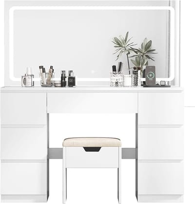 Make-uptafel met LED-verlichting 80 x 40 x 140 cm, Hollywood Spiegel, 2 Laden, Gehard Glas Tafelblad, Inclusief Kruk – Modern Design – Pauwhome
