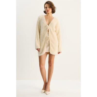 Gestructureerde V-hals Midi Cardigan met Striksluiting