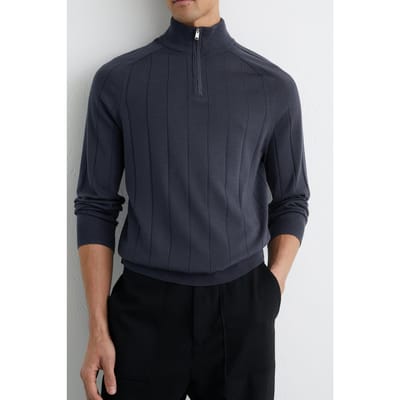 Reiss Ls Half Zip Funnel Wide Rib Merino Wool Jumper Airforce Blue Size: XS | Sweaters Outlet | Heren | Blauw
