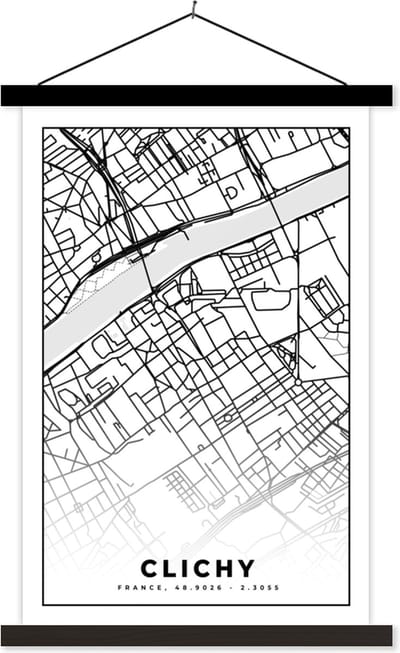 Posterhanger incl. Poster 40x60 cm - Schoolplaat - Kaart - Stadskaart - Clichy - Frankrijk - Plattegrond - Zwart wit - Textielposter - Zwarte latten - Stadskaart