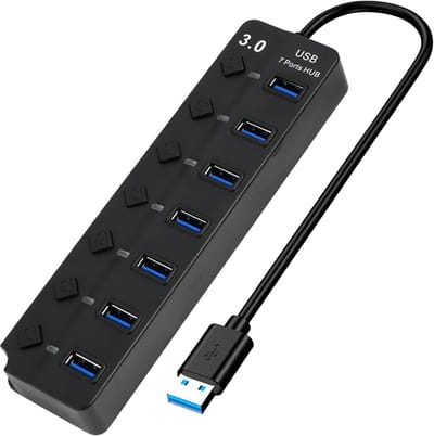 Daity 7-poorts USB 3.0-hub met onafhankelijke schakelaar en indicatielampjes - USB-hub met hoge snelheid voor gegevensoverdracht/gesplitste draagbare verlengadapter voor laptops - pc's, MacBooks - Mac Pro's - Mac mini's - Surface Pro's en andere ap
