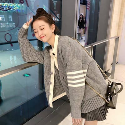 Gilet Cardigan Tricot Automne Hiver Femme Veste Cardigan Lâche Étudiants Pull Cardigan Col en V M gris