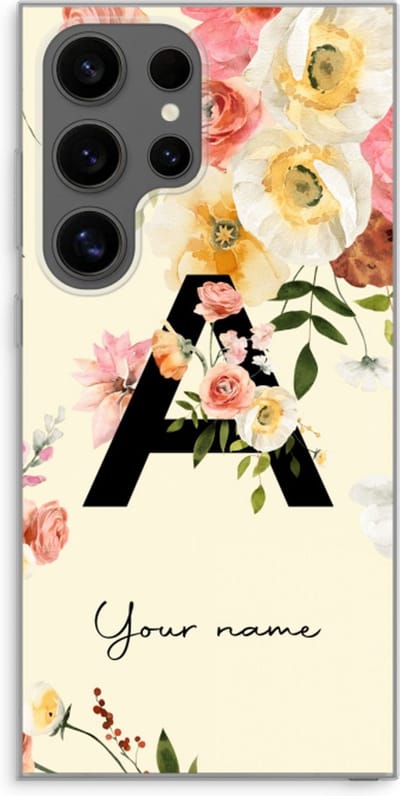 Gepersonaliseerd - Case Company® - Hoesje geschikt voor Samsung Galaxy S24 Ultra hoesje - Flirty Flowers Monogram - Soft Cover Telefoonhoesje - Bescherming aan alle Kanten en Schermrand