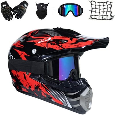 Motorcross Helm Set - Volledige Gezicht - Off Road Rijden - 5 Delige Uitrusting - Volwassen Maat - Zwart Rood