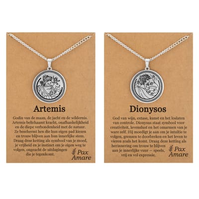Artemis & Dionysos Ketting Bundel – Vrijheid & Wildheid - Zilverkleurig Stainless Steel - Griekse Goden Kettingen Set - 60cm - Pax Amare