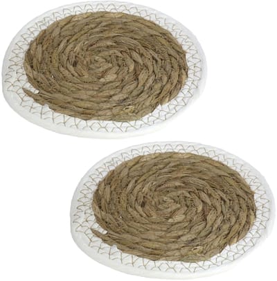 Gerimport Pannenonderzetter - Set van 4x stuks - zeegras - rond - D24 cm - naturel/wit - stevig - decoratief