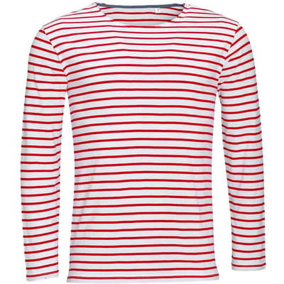 SOLS Heren Marine Gestreept T-shirt met Lange Mouwen (Wit/rood)