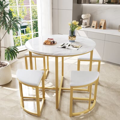 MODFU - Eettafelset Met Vier Stoelen - Rond En Ruimtebesparend - Modern - MDF En Metaal - Wit En Goud - 80 x 80 x 75 cm