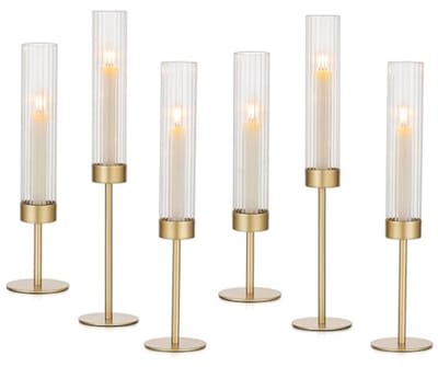Hewory Kaarsenstandaard gouden glazen cilinder voor kaarsen: set van 6 metalen kaarsenhouders staafkaarsen voor woonkamer decoratie vintage staafkaarsenhouder met windlicht glas groot voor Kerstmis