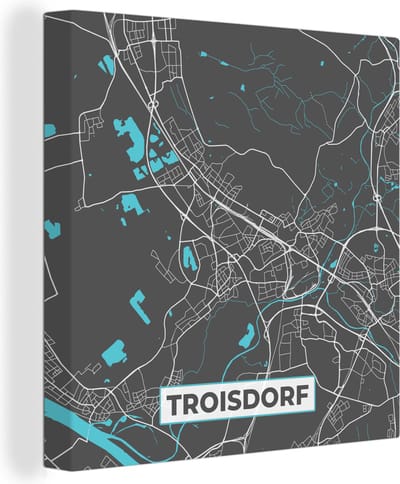 Canvas Schilderij Troisdorf – Stadskaart – Blauw – Plattegrond – Stadskaart – Kaart - Duitsland - 20x20 cm - Wanddecoratie