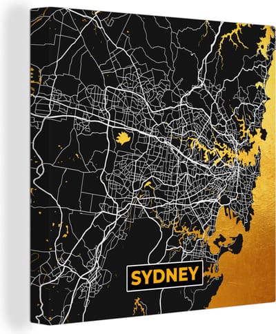 Canvas Schilderij Sydney - Goud - Plattegrond - Stadskaart - Kaart - 20x20 cm - Wanddecoratie
