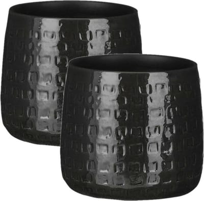 Mica Decorations Plantenpot Floyd - 2x stuks - keramiek - zwart - D17 x H15 cm - uniek relief patroon