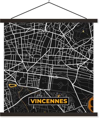 Posterhanger incl. Poster 60x60 cm - Schoolplaat - Stadskaart - Frankrijk - Plattegrond - Vincennes - Kaart - Textielposter - Zwarte latten - Stadskaart