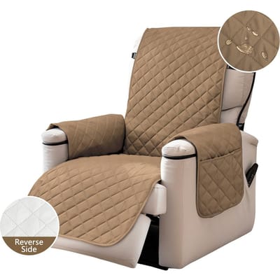 Housse de Fauteuil Inclinable Matelassée Réversible Imperméable Antidérapante Housse de Chaise avec Sangles Élastiques et Poches pour Salon Animaux Enfants