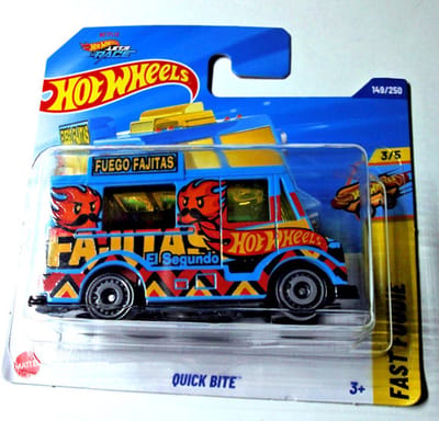 HOT WHEELS QUICK BITE FUEGO FAIJTAS EL SEGUNDO FOOD TRUCK ART COLOR 149/250 HW FAST FOODIE 3/5 1:64 SHORT CARD