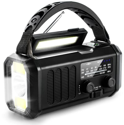 GELLDG Noodradio - Solar Powerbank - 10000mAh - Handbediende radio - Op zonne-energie - Noodzaklamp voor overleving - Oplaadbare zaklamp - Draadloze noodpowerbank - Zwart