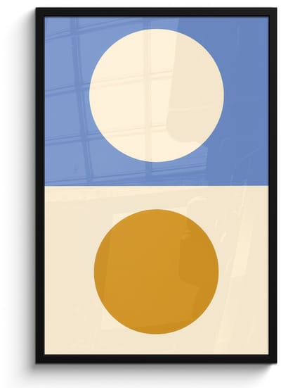 Poster in lijst - Fotolijst 60x90 cm - Posters - Cirkels - Symmetrisch - Wit - Blauw- Geel - Posterlijst zwart - Decoratie - Wanddecoratie woonkamer - Muurdecoratie slaapkamer