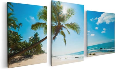 Artaza Canvas Schilderij Drieluik Tropisch Strand En Zee In Sri Lanka - 120x60 cm - Wanddecoratie Woonkamer - Schilderijen - Muurdecoratie