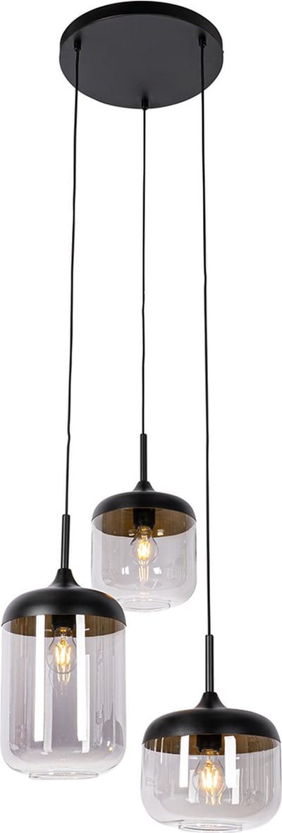 Qazqa design hanglamp - Kyan - zwart met rookglas, rond, 3-lichts, 48cm, ideaal als lamp