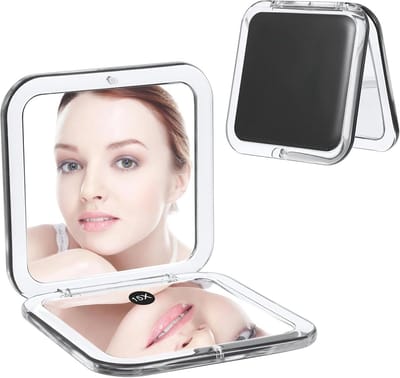 Zakspiegel - inclusief vergroting - compact design - reisspiegel - zwart - make-upspiegel - inklapbaar - dubbelzijdig - vergrotende spiegel - reisaccessoire - vierkant formaat - mini spiegel met hoge vergroting - geschikt voor onderweg.