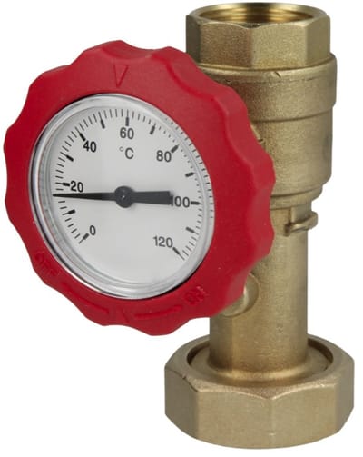 Kogelkraan met thermometer 1" binnendraad x 1 1/2 wartelmoer - Rood