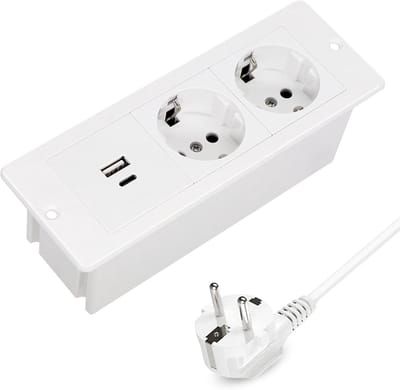 Tafelstopcontact Verzinkbaar - Inbouw stekkerdoos - Bureau Organisatie - Met PD20W Snel Laden - 2 AC 2 USB - Wit