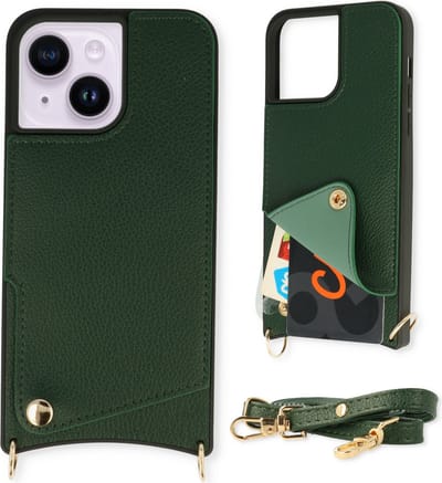 Casemania Hoesje Geschikt voor Apple iPhone 14 - Back Cover met Draagkoord - Pasjeshouder Hoes met Bandje - Crossbody Telefoonhoesje - Lanyard Case - Groen