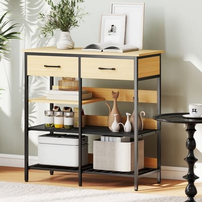 MEUNIQ keukenkast sideboard 90 x 40 x 91 cm met 2 lades en 3 open vakken, opbergkast voor keuken of woonkamer, houtlook met zwart stalen frame
