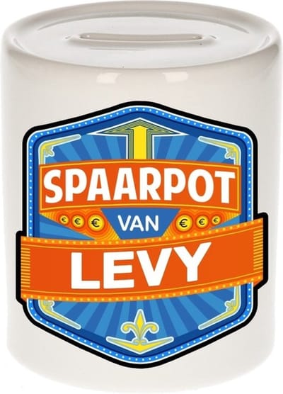 Bellatio Decorations Kinder spaarpot met naam - Levy - keramiek - met dop - wit - Sparen - Spaargeld van Levy