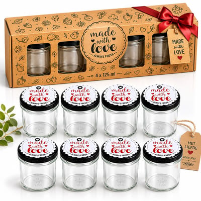Glazen Confiturenpotjes Set van 8 – 125 ml – Jam Potjes met Deksel – Made with Love – Mini Glazen Potjes voor Jam, Kruiden, Snoepjes en Traktaties