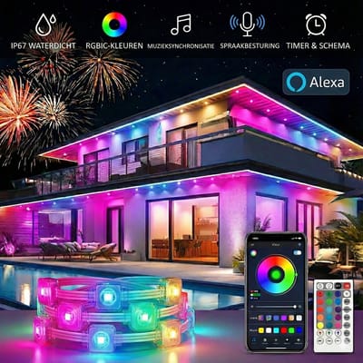 MUPOO Smart WIFI lichtsnoer buiten IP65 RGBIC met met Alexa & Google Home of afstandsbediening - Dakrandverlichting Buiten Waterdicht - Muzieksynchronisatie -Sfeerverlichting Buiten en Binnen -Voor Dakrand, feest -15 Meter - 30 LEDs