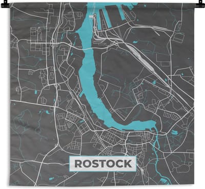 Wandkleed - Wanddoek - Blauw – Duitsland – Plattegrond – Stadskaart – Kaart – Rostock - 180x180 cm - Wandtapijt