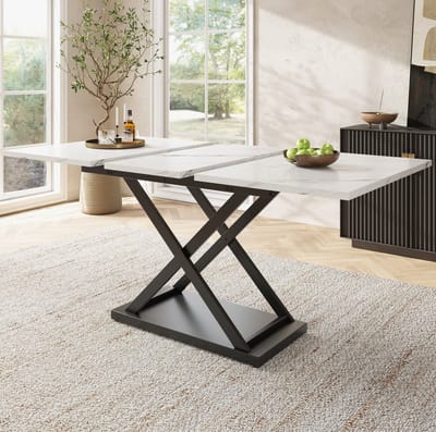 DESMIU Eettafel - Uitschuifbaar Telescoopblad Voor 6 Tot 8 Personen - Voor Keuken En Woonkamer - Wit Marmerlook En Zwart Metaal - 120-160x80x75 cm
