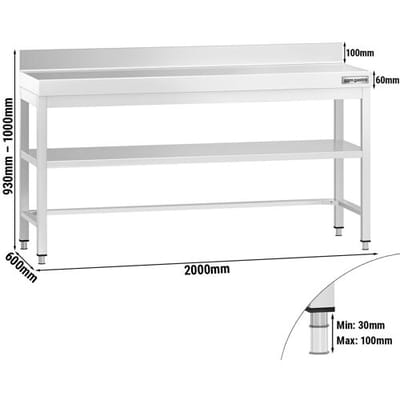 GGM Gastro Edelstahl Arbeitstisch PREMIUM - 2000x600mm - mit Grundboden, Aufkantung & Verstrebung Zilver