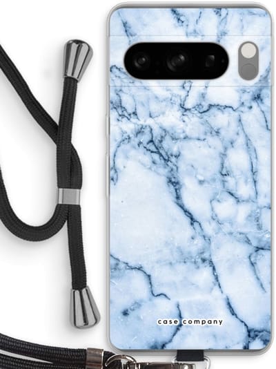 Case Company® - Hoesje met koord geschikt voor Google Pixel 8 Pro hoesje met Koord - Blauw marmer - Telefoonhoesje met Zwart Koord - Bescherming aan alle Kanten en Over de Schermrand