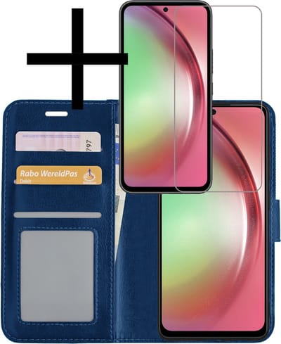 Hoesje - Met Screenprotector - Geschikt voor Samsung Galaxy A54 - Luxe Pasjeshouder - Bookcase Portemonee - Flip Case - Kunstleer Book Case - Flipcase - Book Cover - Walletcase - Portemonneehoes - Donkerblauw