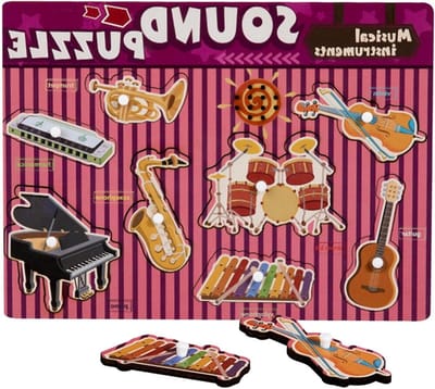 Muziekinstrumenten Puzzel - Houten Geluidspuzzel - Leren Luisteren - Veilig Ontwerp - 29.6 x 21.9 cm - Houtkleur