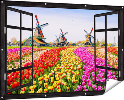 Gards Tuinposter Doorkijk Kleurrijke Tulpen Bloemenveld - Windmolen - 150x100 cm - Tuindoek - Tuindecoratie - Wanddecoratie buiten - Tuinschilderij
