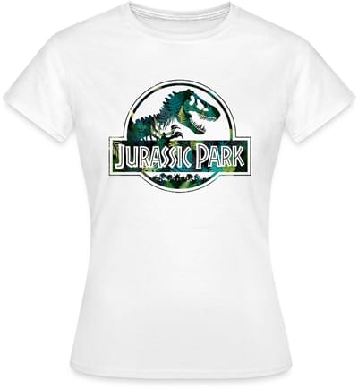 Jurassic Park Logo Met T-Rex Bladeren Ontwerp T-Shirt Dames